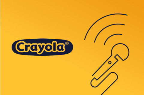 Yellow background with mic line art and the Crayola Logo