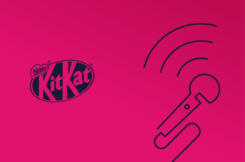Pink background with mic line art and the KitKat Logo