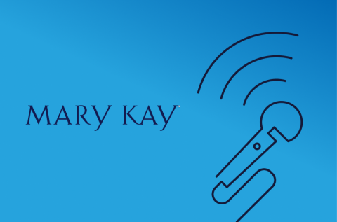 Blue background with mic line art and the Mary Kay Logo
