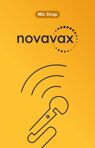 Yellow background with mic line art and the Novavax Logo