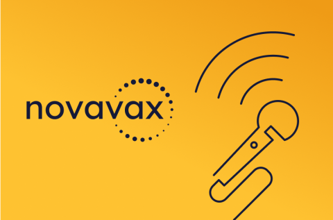 Yellow background with mic line art and the Novavax Logo