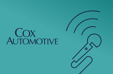 teal background with the cox automotive logo and line art of a microphone