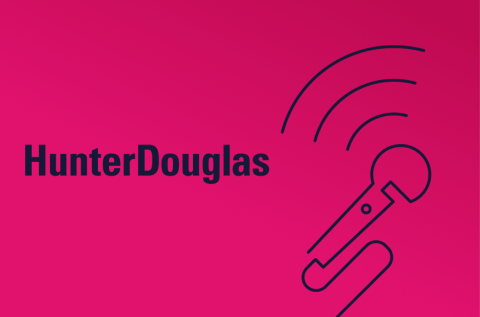 pink background with an icon of a mic and the hunter douglas logo