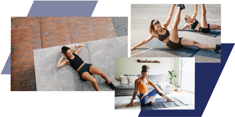 Collage of three images of people exercising