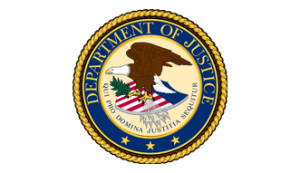 Department of Justice circular logo with eagle, scales, and American flag elements