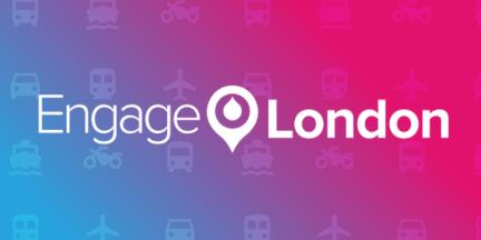 blue to pink background with engage london logo on it