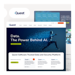 Quest software website homepage showing "Data. The Power Behind AI." with blue gradient design