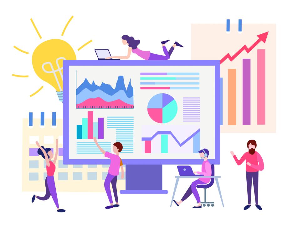Cartoon image of graphs and people on laptops