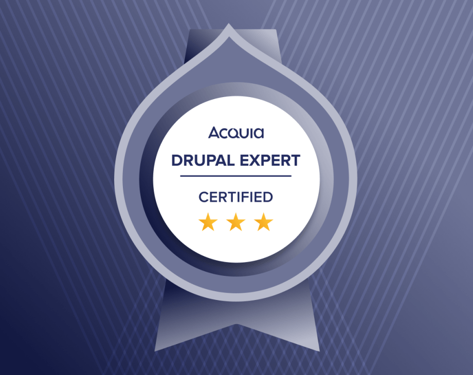 Digital graphic of Triple Certified Drupal Expert badge, the new name that replaces the old certification title of "Grand Master" 