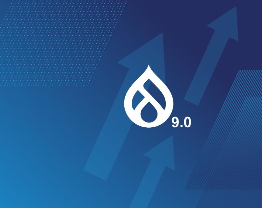 Navy and blue gradient graphics and textures with a Drupal 9 logo