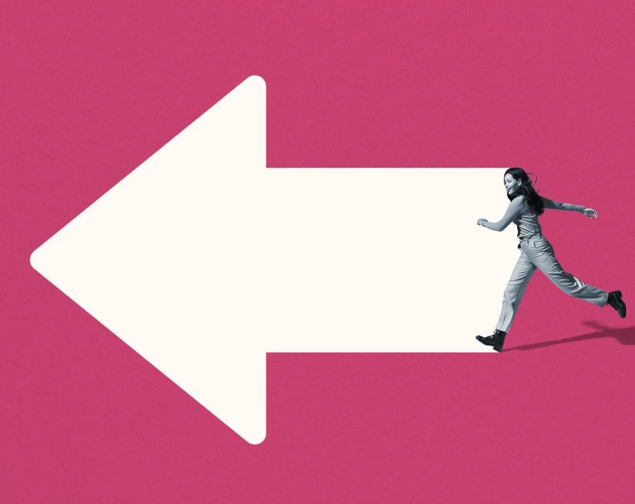Graphic white arrow on pink background points left with black-and-white image of woman running after it