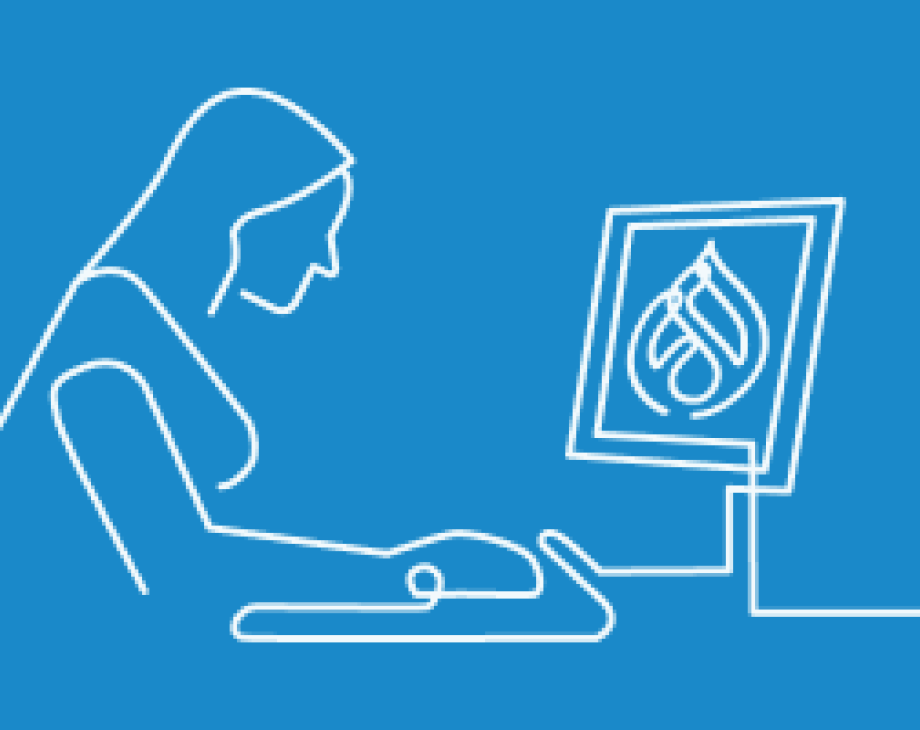 Blue and white line art of woman at desktop with the Drupal logo on the computer monitor in front of her