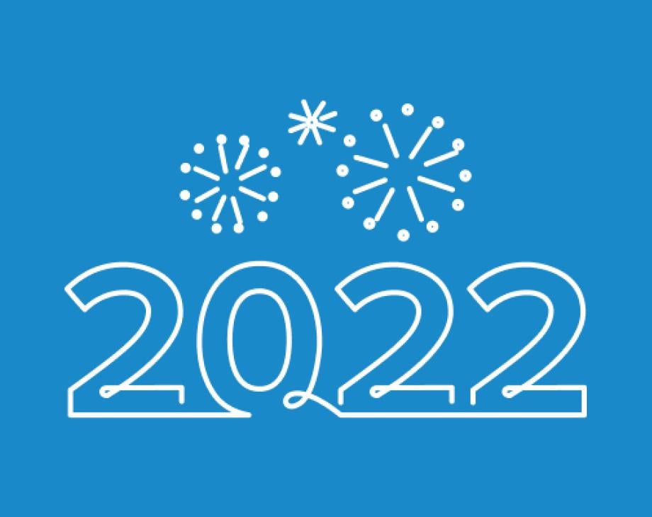 Two-color line art that features fireworks and copy that reads "2022"