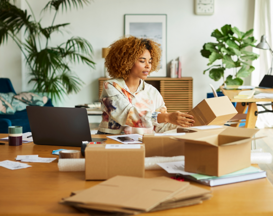 Black woman sits at desk with 3 boxes, a laptop, and papers covering the desk