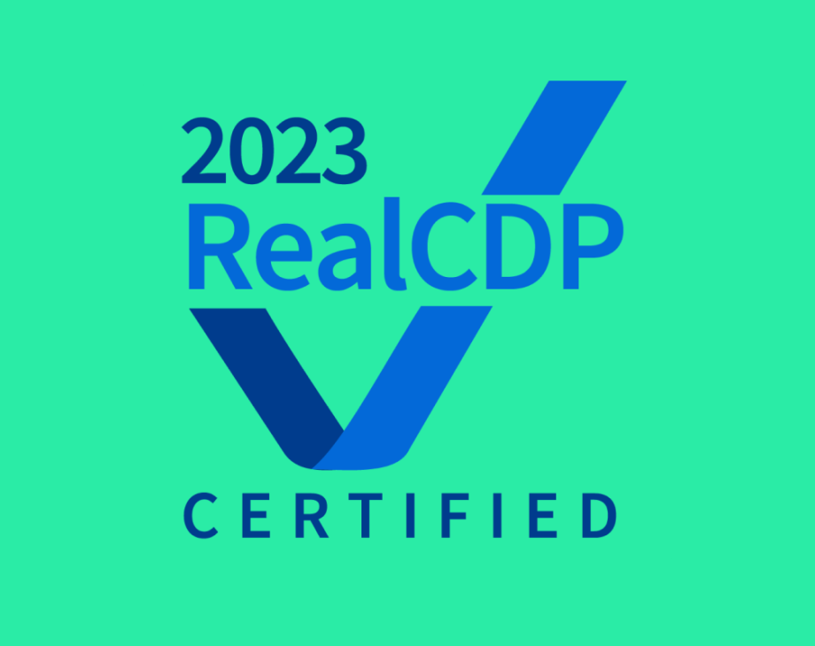 Two-color badge indicating RealCDP certification for 2023