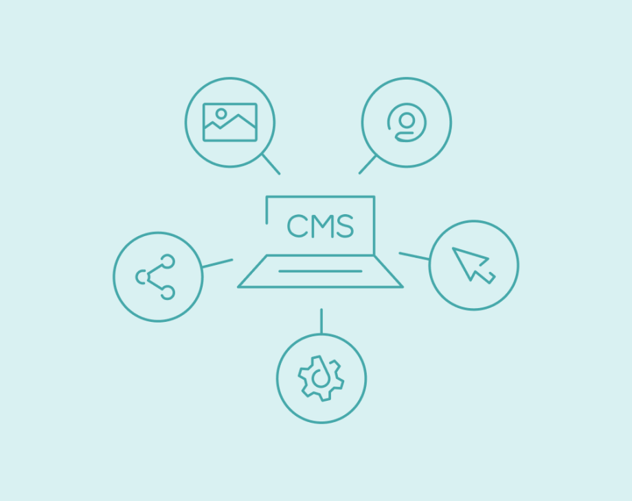 Laptop with CMS in the center with spokes leading off featuring different icons