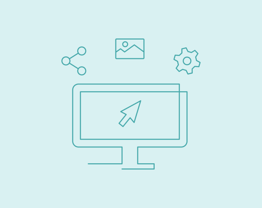 Computer with mouse icon and several UI icons floating above