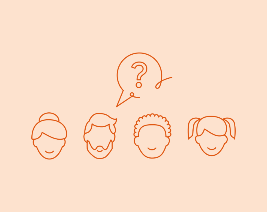 Four heads with a question mark in a speech bubble above