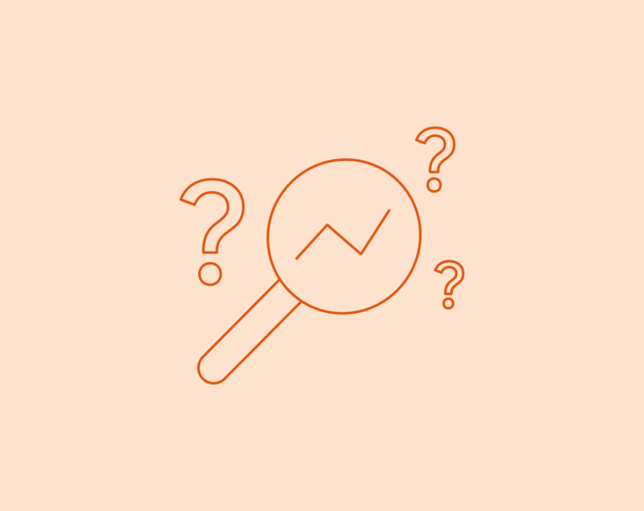 Magnifying glass with data trend surrounded by question marks