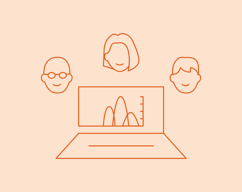 Laptop with chart surrounded by floating heads