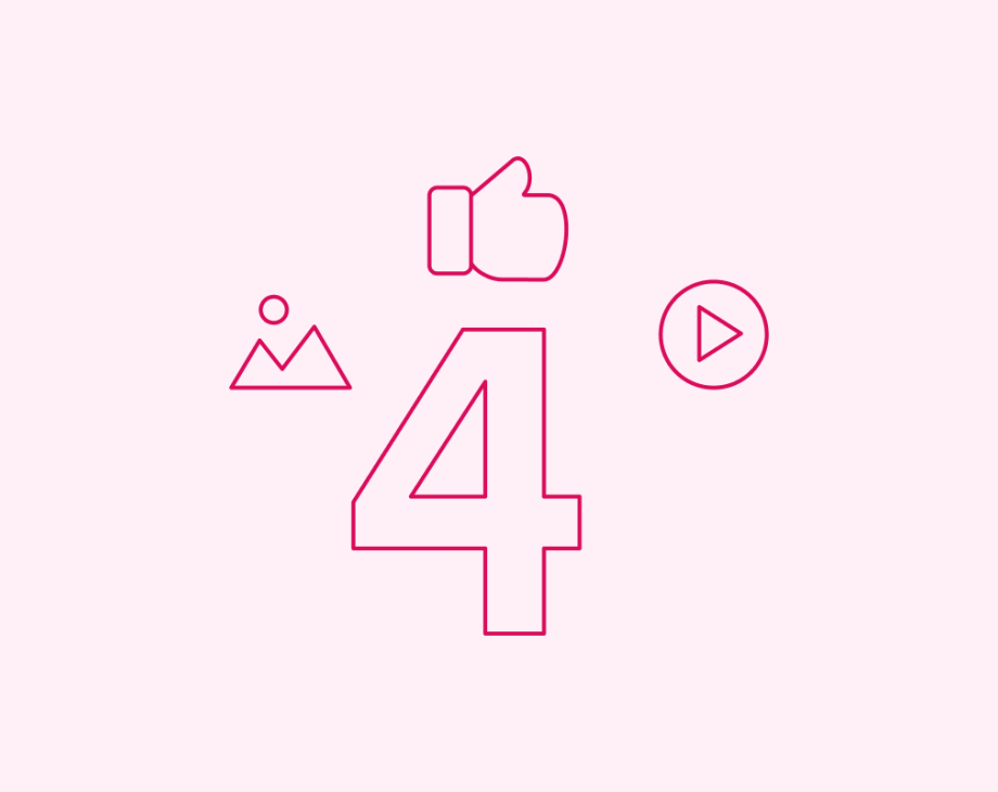 4 surrounded by icons for image, thumbs up, and video