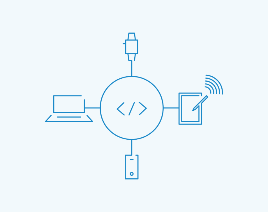 Code symbol in middle surrounded by different devices