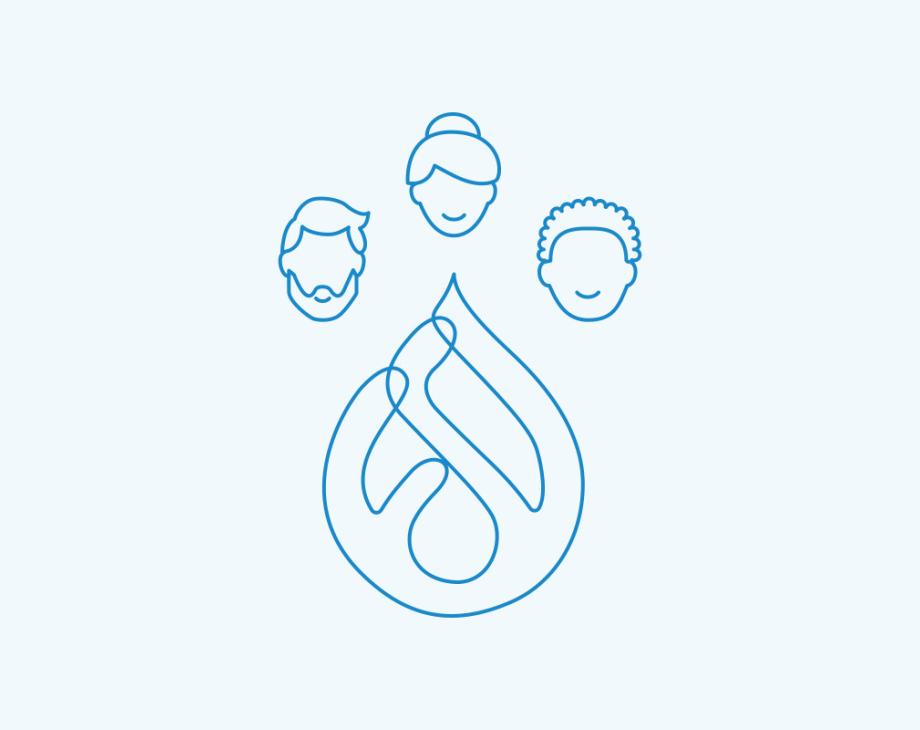 Two-color illustration of line art showing the Drupal logo and outlines of the heads of a woman and two men