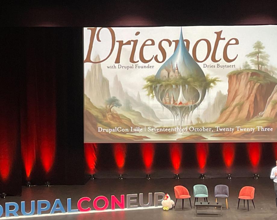 Color photo of Dries Buytaert giving his Driesnote speech at DrupalCon Lille 2023