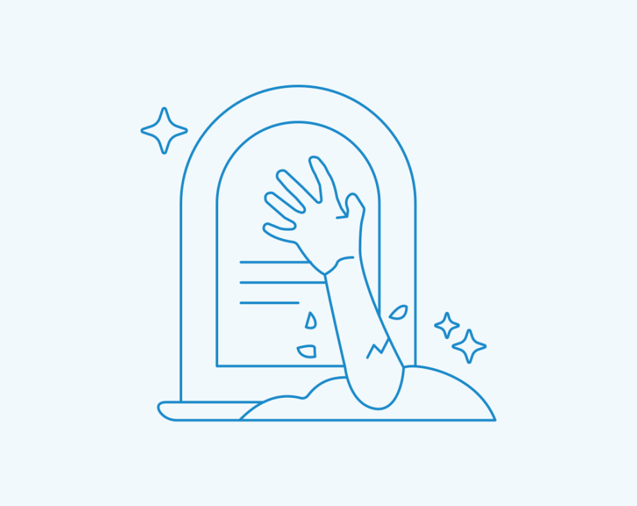 line drawing of a tombstone and an arm reaching out of the ground