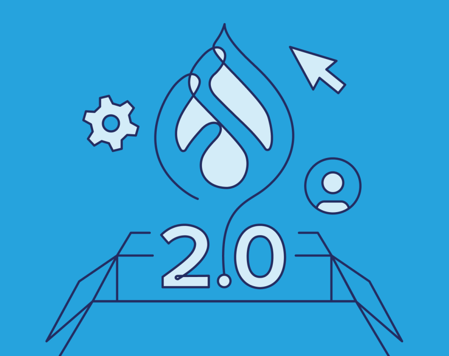 Drupal 2.0 logo with water droplet, gear icon, and cursor on blue background