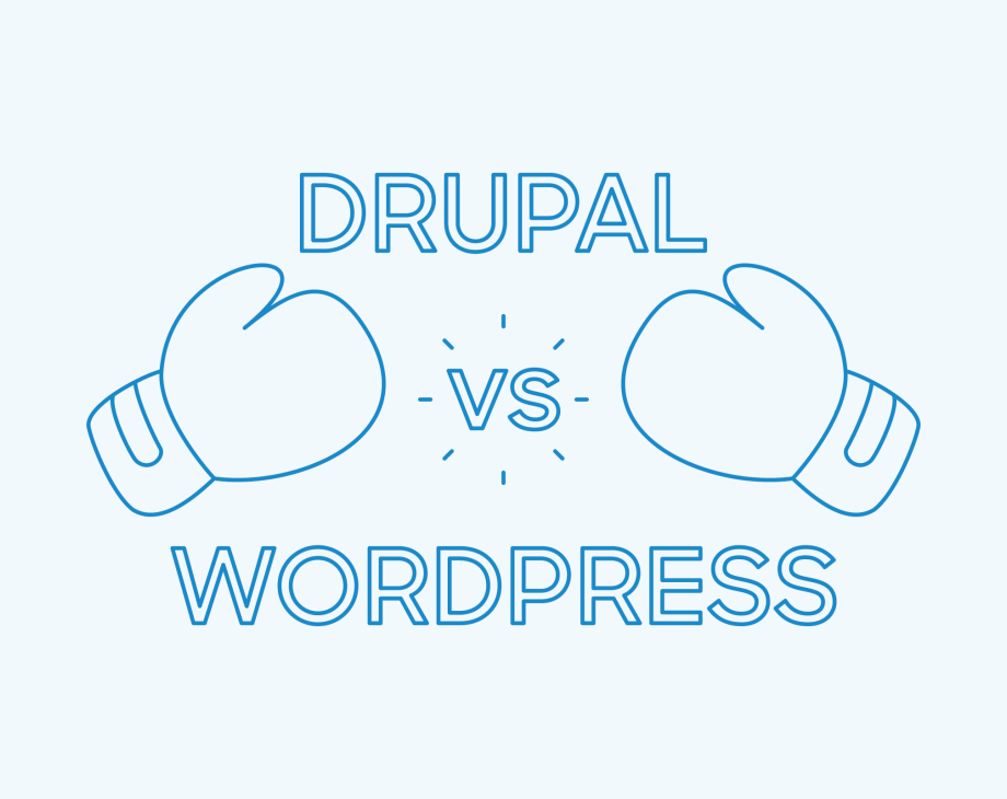Two boxing gloves facing each other with "DRUPAL vs. WORDPRESS" text in blue outline style