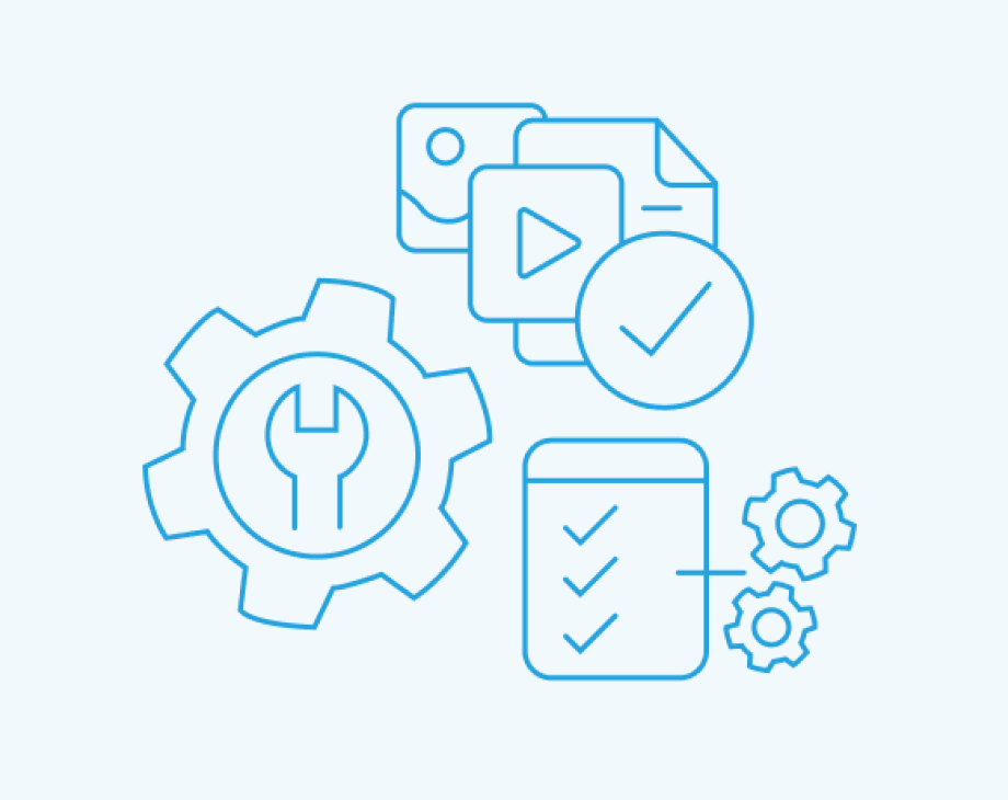 Blue line icons showing document with play button, gear with download arrow, checkmark, and clipboard with checklist
