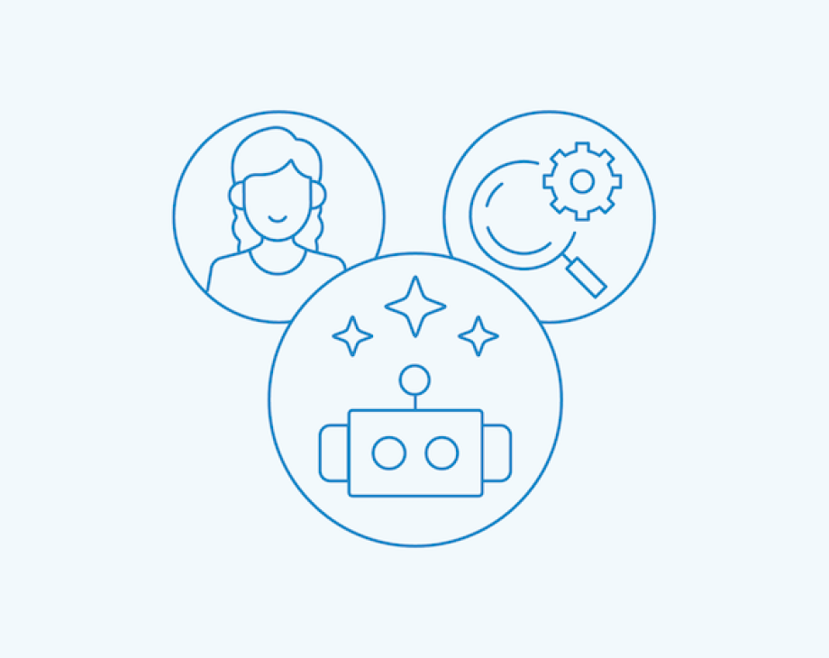 Three blue circular icons showing user profiles, settings gear, and goal target with arrows