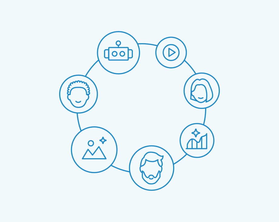 Seven interconnected circles containing business icons including analytics, security shield, and collaboration symbols