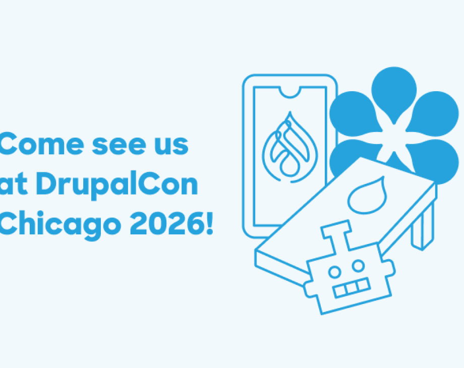 DrupalCon Chicago 2026 promotional graphic with blue robot mascot holding Drupal logo
