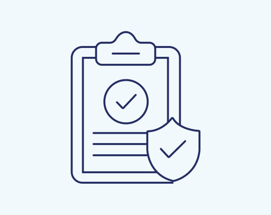 Clipboard with checkmark and shield icon, representing completed tasks or verified documents