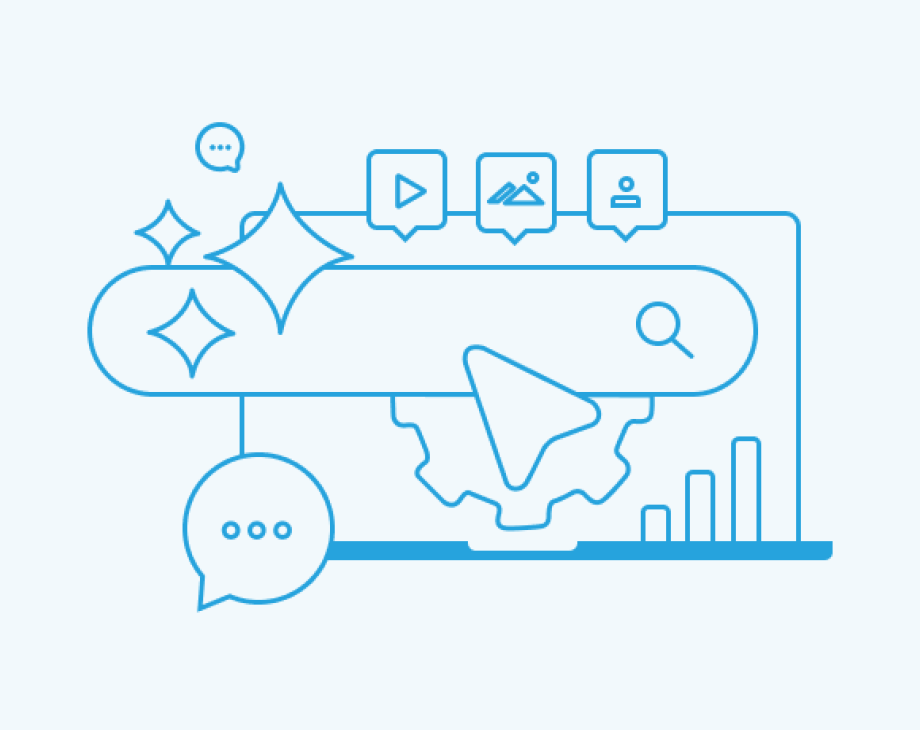 Light blue line drawing of computer screen with paper airplane, chat bubble, and sparkles