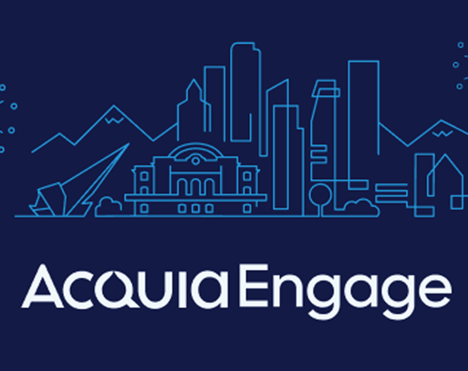 AcquiaEngage logo with blue cityscape illustration featuring buildings, mountains, and decorative elements