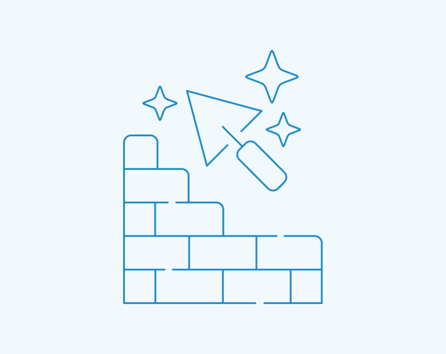 Blue line drawing of brick wall with magic wand and sparkles