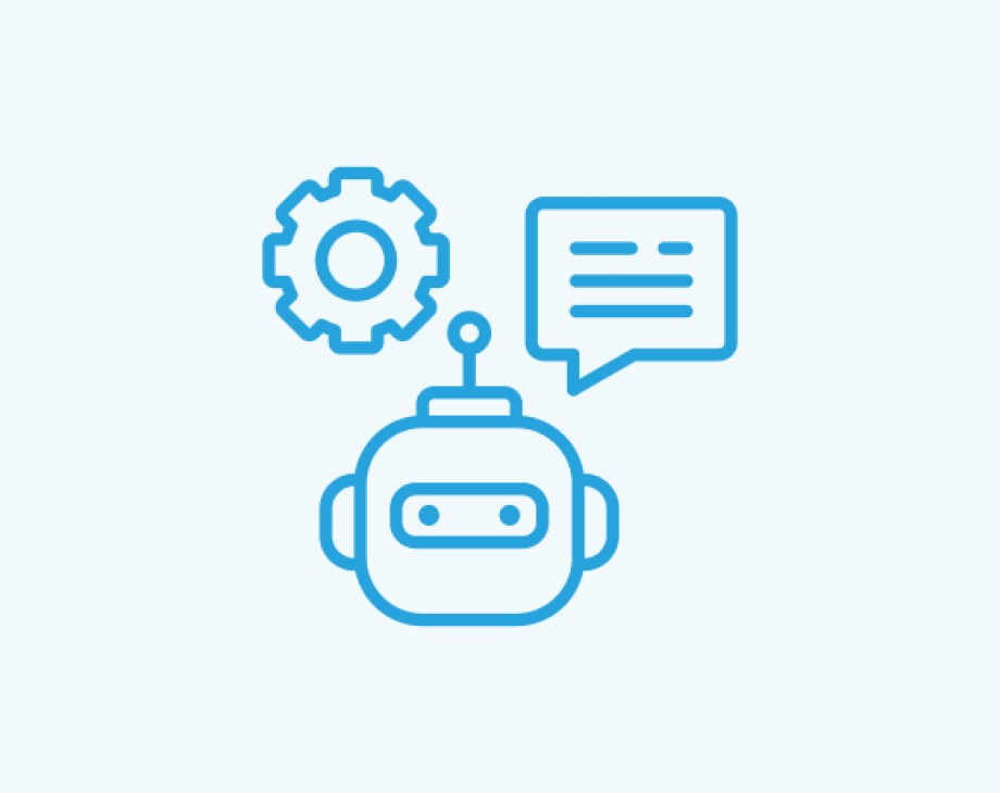 Chatbot icon with gear and speech bubble symbols in blue outline style