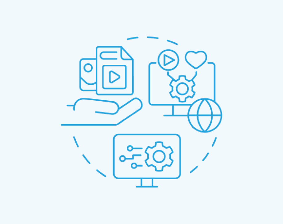 Blue line icons showing laptop with settings, mobile device with heart, and desktop monitor with gear, representing digital technology and user preferences.