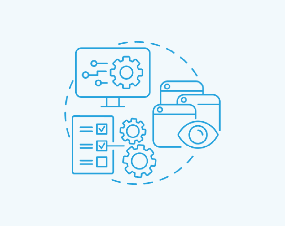 Blue line drawings of documents, gears, and workflow icons representing business processes
