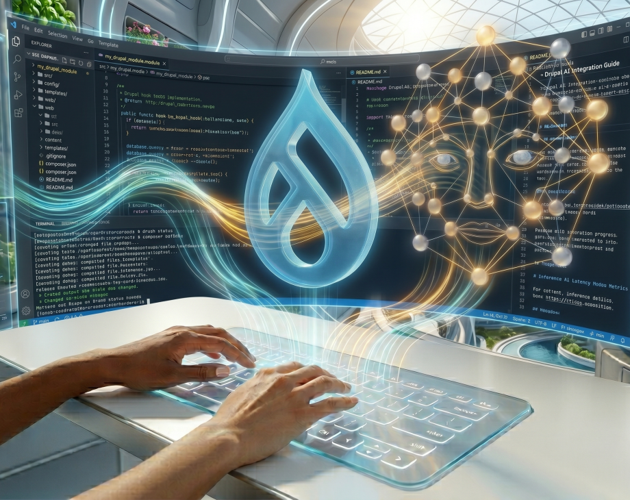 A futuristic Drupal contributor working in an AI-enhanced IDE