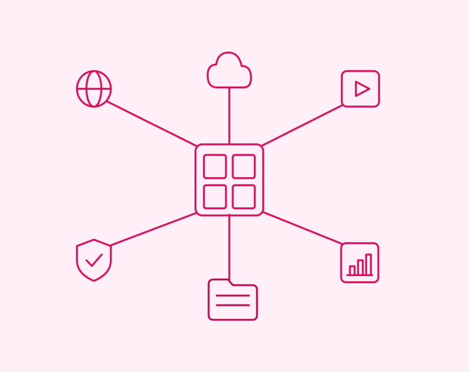 Pink diagram showing a central grid connected to six icons: globe, cloud, play button, shield with checkmark, document, and bar chart