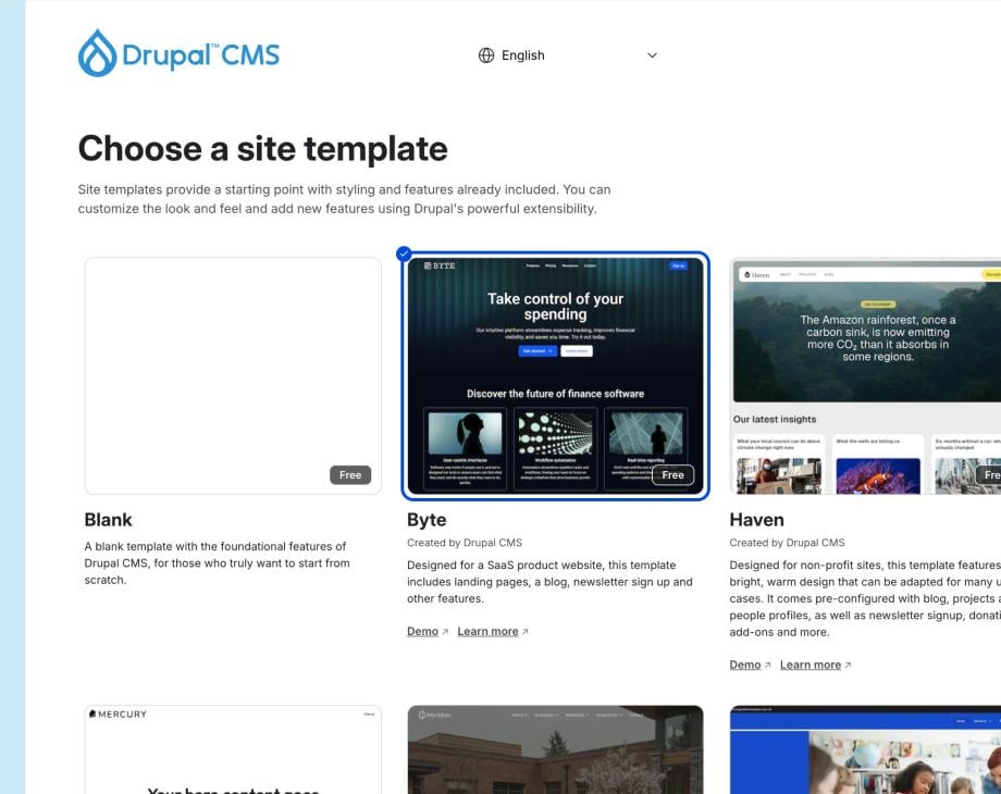 As of version 2, Drupal CMS now includes a Site Template selection step