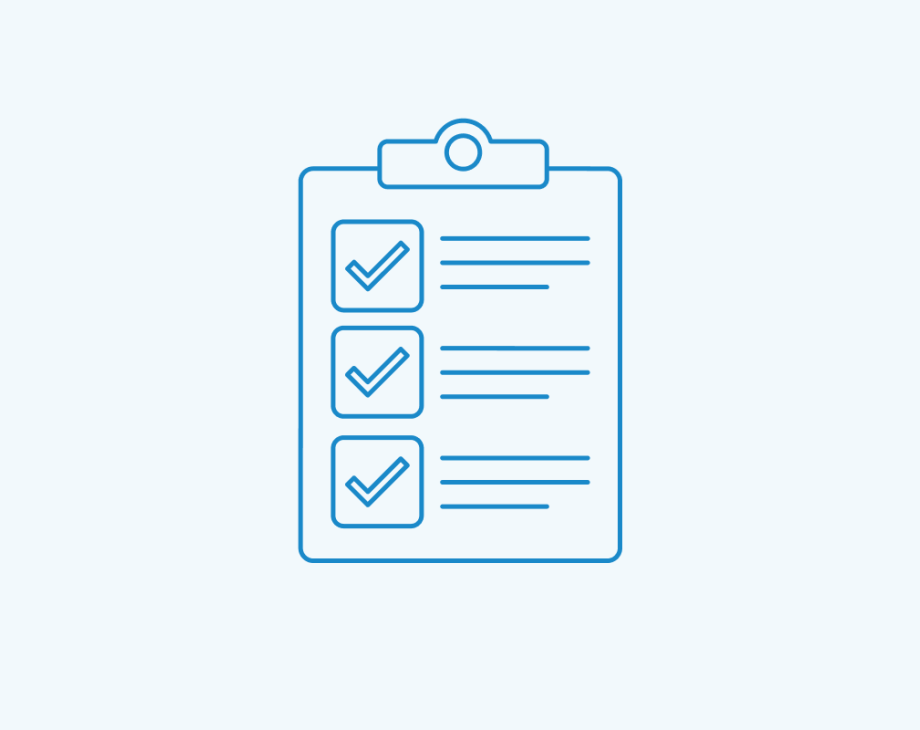 Blue clipboard icon with three checked checkboxes and lines representing a checklist