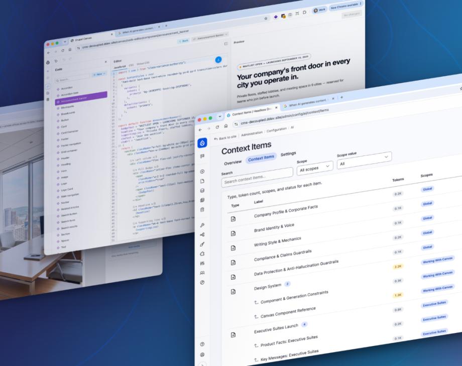 Screen captures of using Drupal's Context Control Center with Canvas AI