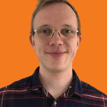 Rune Rasmussen's shoulders and head centered on a orange background