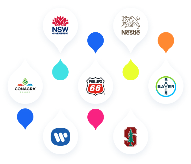 stylized graphic featuring logos for: Conagra, NSW government, phillips 66, nestle, warner music group, bayer, and stanford.