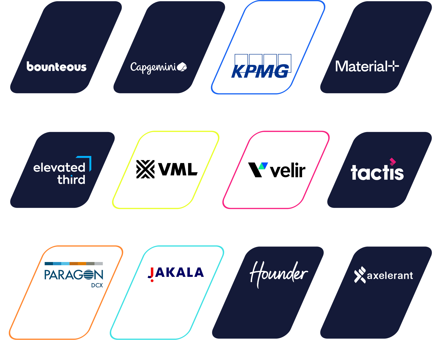 Grid of company logos including Deloitte, PwC, KPMG, Microsoft, VML, Vela, Iocia, and others displayed as parallelograms in blue and white